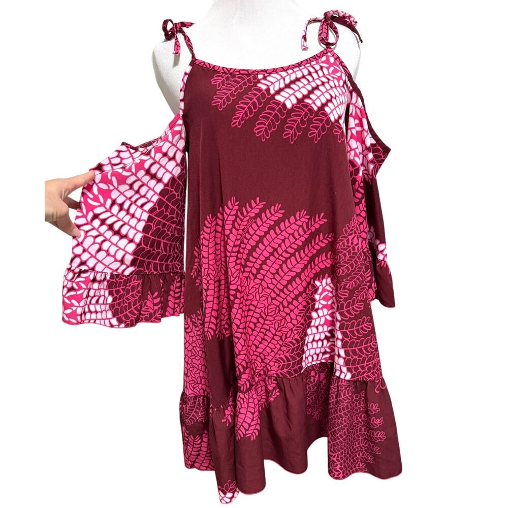 Manuhealii Womens Mini Dress XS Pink Hawaiian Ruffle Cold Shoulder